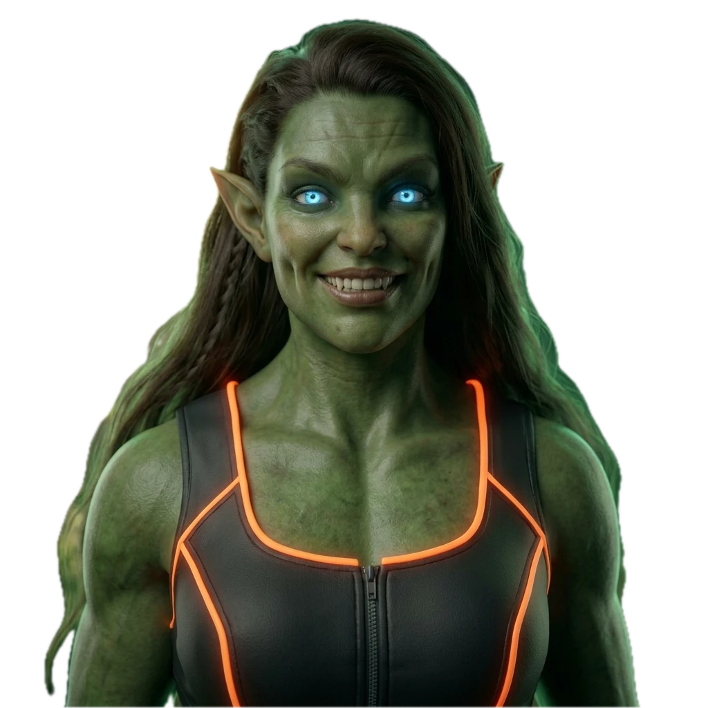 Busto frontal de Amada, la musa trágica: elfa-ogra híbrida con piel verde jade, orejas puntiagudas y ojos cian luminiscentes