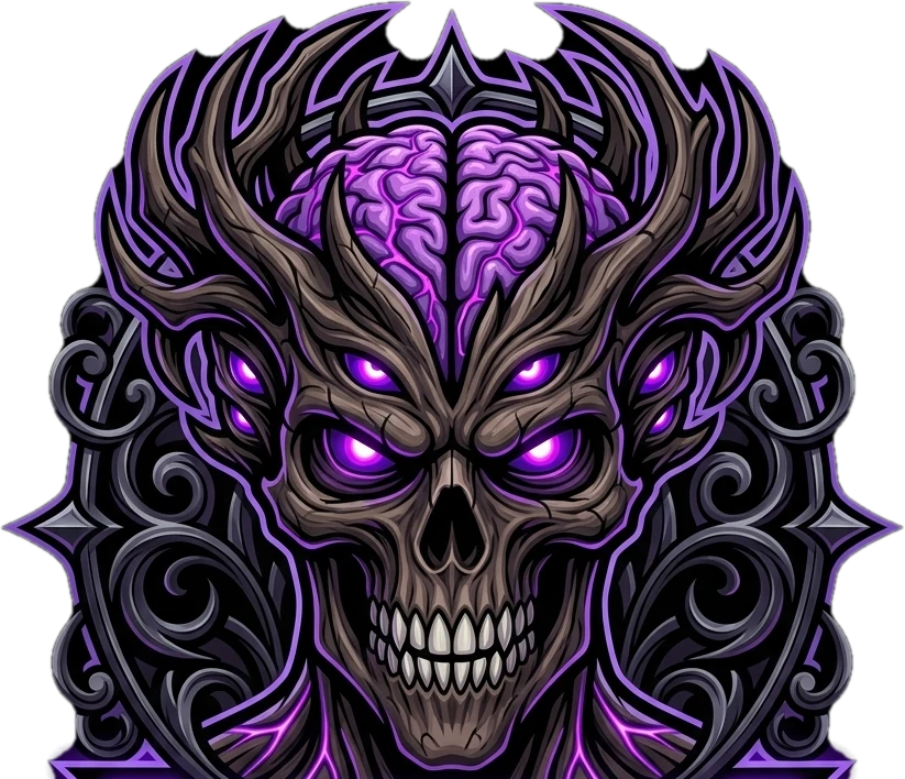 Busto de frente de Raupulus mostrando su calavera de ébano oscuro, cuernos curvados, 8 ojos violetas y cerebro bioeléctrico expuesto