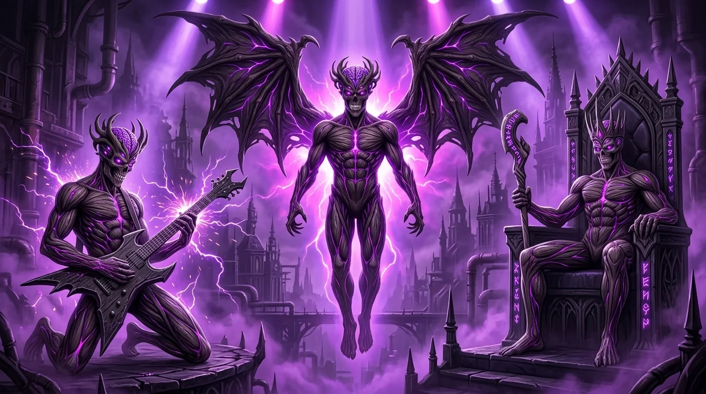 Raupulus — Tríptico de Poses Épicas: Riff de Guitarra con chispas violetas a la izquierda, Alas Demoníacas iluminadas en el centro y Soberano en el Trono de los 60 mares a la derecha