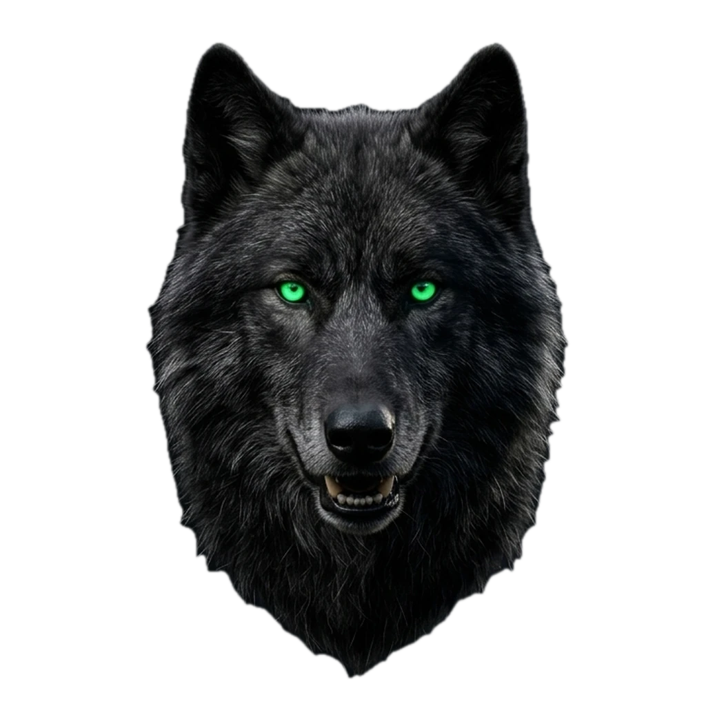 Busto frontal del mejor amigo de Raupulus: lobo titánico de pelaje negro carbón con ojos verde esmeralda luminiscentes